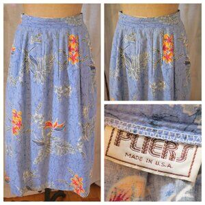 Vintage 70s PLIERS Blue Floral Batik Full Skirt Pockets USA 11/12 Cottagecore